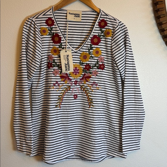 NWT Savanna Jane Marigold Embroidered Striped Top Size Small Boho Western Chic - Picture 2 of 6